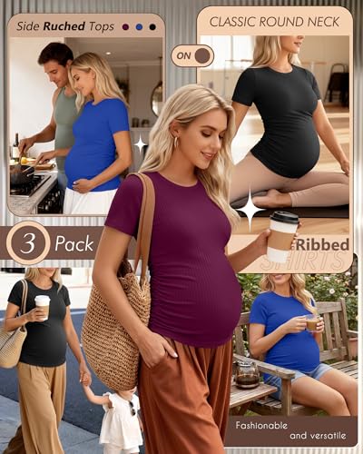 Ficerd 3 Pack Women's Short Sleeve Maternity Shirts - color: Black, Royal Blue, Fuchsia, size: X-Large