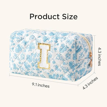 HBselect Personalized Makeup Bag for Women Initial Quilted Toiletry Bag - color: Blue Flower, size: I