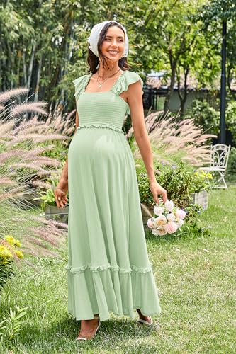 OUGES Women's Ruffle Sleeve Summer Baby Shower Maternity Photoshoot Dress - color: Light Green, size: Medium