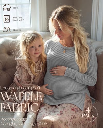 Xaatren 4 Pack Womens Maternity Long Sleeve Shirts Waffle Tops - color: Camel, Beige, Light Gray, Black, size: Medium