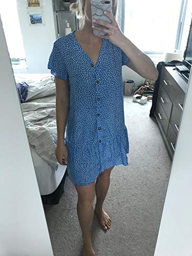 Imysty Womens Summer Polka Dot V Neck Button Down Loose Mini Dress - color: Blue, size: Small