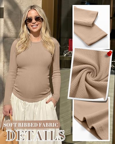 4 Pack Womens Ribbed Maternity Shirts Slim Fit Tops - color: Apricot, Khaki, Coffee, Black, size: Small