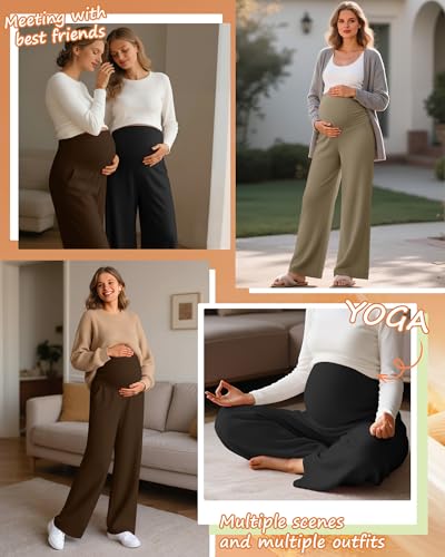 Oakgarden 3 Pack Women's Fleece Maternity Pants - color: Khaki, Brown, Black, size: Large