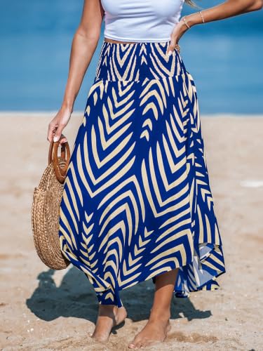 CUPSHE Women's Smocked High Waist Irregular Hem Beach Midi Skirt - color: Blue-2, size: Medium