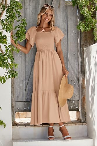 MASCOMODA Womens Summer Casual Smocked Flowy Midi Dress - color: Khaki, size: X-Large