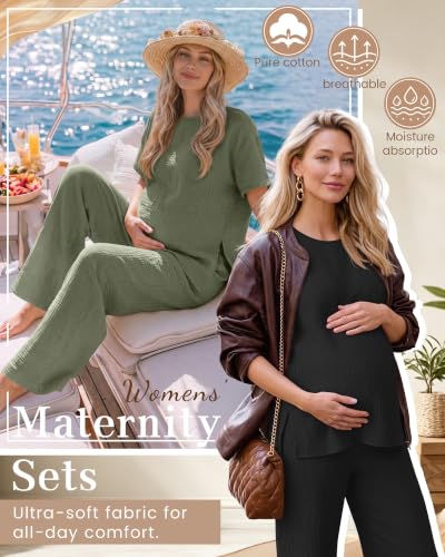 Ficerd 4 Pcs 100% Cotton Muslin Maternity Pajamas Lounge Sets - color: Army Green, Black, size: Large