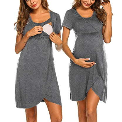 Nursing Nightgown Short Sleeve Breasfeeding Birthing Gown Maternity Dress - color: Grey, size: Medium