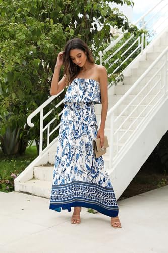 ZMPSIISA Womens Summer Off Shoulder Maxi Dress Strapless Boho Long Dresses - color: A-flower Blue, size: Medium