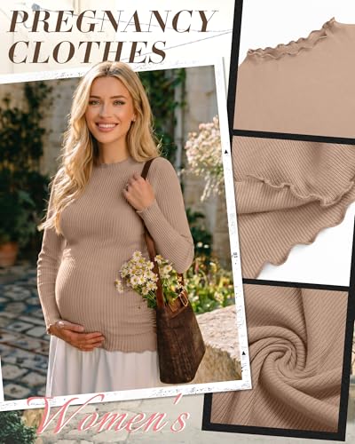 Huukeay 3 Pack Women Ribbed Long Sleeve Crew Neck Maternity Tops - color: Apricot, Khaki, Coffee, size: Medium