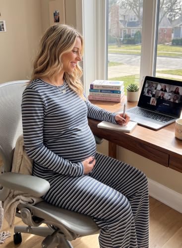 BLENCOT Maternity 2 Piece Outfits Striped Long Sleeve Pregnancy Set - color: Blue, size: Large