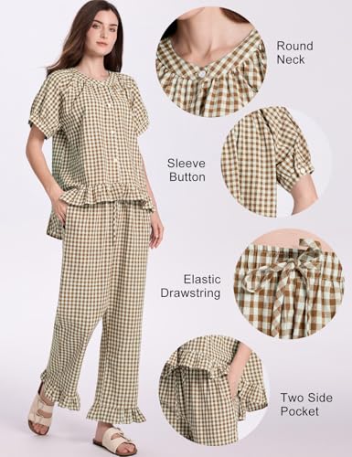 COZYPOIN 100% Cotton Pajamas for Women Set Cute Gingham Lounge Set - color: Brown, size: Small