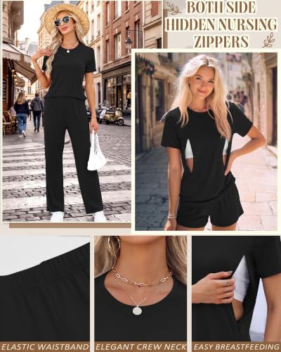 3 Piece Postpartum Nursing Pajamas Set Nursing Lounge Set - color: Black, size: XX-Large