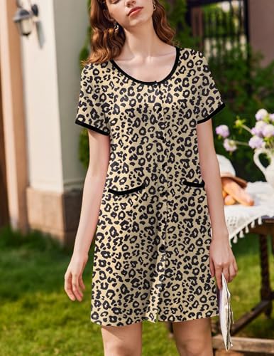 Ekouaer 2 Pack Nightgowns for Women Button Down Houese Dress with Pockets - color: Black/Brown Leopard, size: 3X-Large
