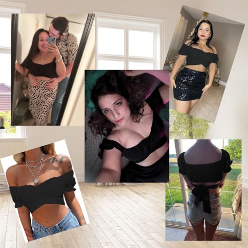 Women's Crop Tops Ruffle Short Sleeve Tie Back Off Shoulder Blouse - color: Black, size: XX-Large