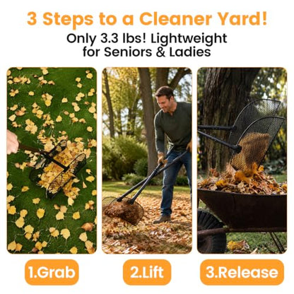 Leaf Grabber Rake with Long Handle, Heavy Duty Metal Leaf Picker Upper and Grass Collector, Upright Lawn Debris Pickup Tool with Upgraded Lock Nuts for Yard Cleanup, No Bending Over