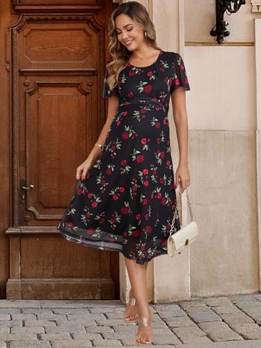 Maternity Wedding Guest Dress Floral Mesh Dress - color: Black, size: Medium