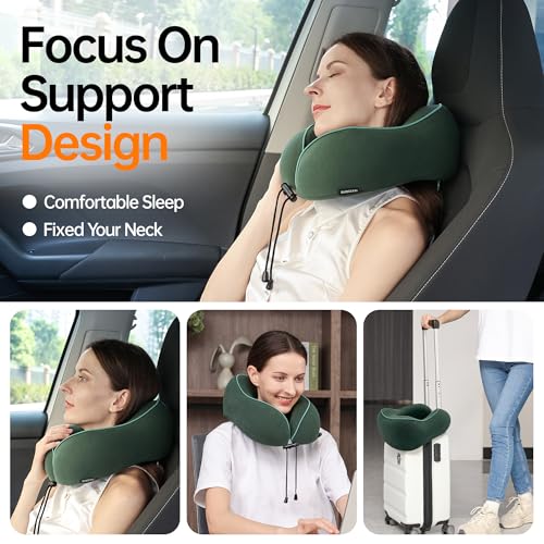 Travel Neck Pillow for Sleeping,100% Pure Memory Foam, Soft Head Support - color: Dark Green