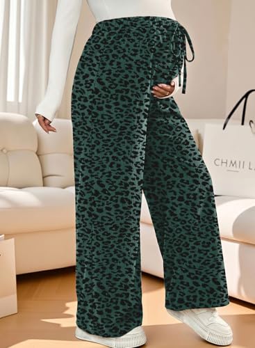 BLENCOT Maternity Pants Leopard Wide Leg Drawstring Pregnancy Trousers - color: Green, size: Large