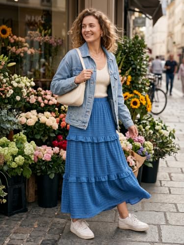 Womens Boho Maxi Skirt Long Flowy Skirt High Waisted Tiered Ruffle Skirt - color: Grey Blue, size: Small