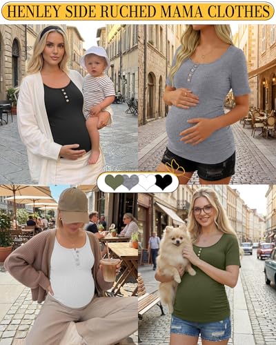 4 Pack Maternity Shirts for Women - color: Army Green, White, Light Heather Gray, Black, size: Medium