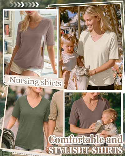 4 Pack Women Nursing Shirts Breastfeeding Tops - color: Light Camel, Coffee, Cream, Grey Green, size: Small