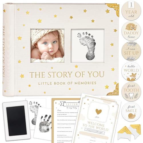 Book Keepsake, Baby Memory Book From Pre-Birth to 5th Year, with 2 Photo Pockets, Milestone Stickers, Hand/Footprint Inkpad, Information Card, Baby Album and Memory Book for Girls or Boys - color: White Creamy