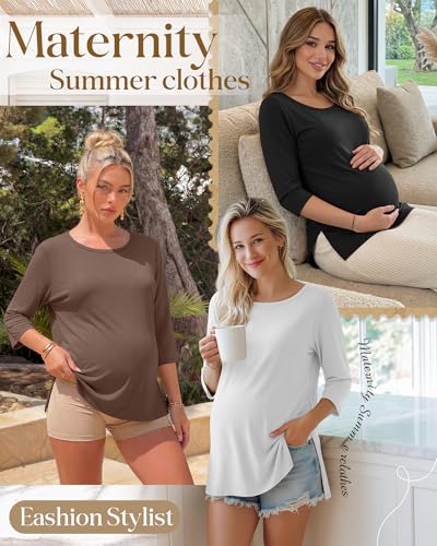 3 Pack Women's 3/4 Sleeve Maternity Loose Crewneck Tops - color: Coffee, White, Black, size: Medium