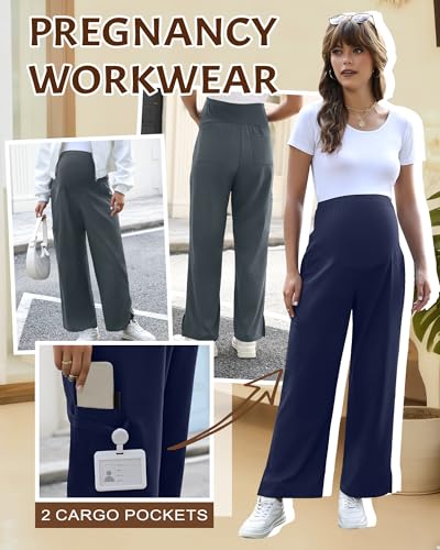 2 Pack Women's Maternity Scrub Pants with 6 Pockets - color: Dark Grey, Navy Blue, size: Large