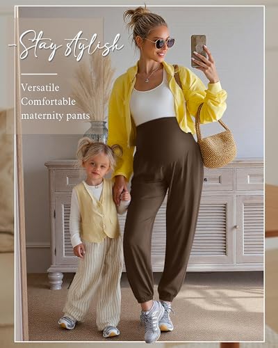 3 Pack Women's Maternity Jogger Pregnancy Sweatpants - color: Brown, Dark Gray, Black, size: Medium