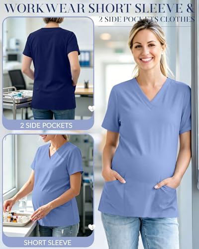 Neer 2 Pack Maternity Scrub Top for Women - color: Light Blue, Navy Blue, size: XX-Large