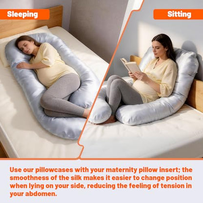 JZHLLA Maternity Pillow Cover, Silky Satin Fabric Removable & Washable U-Shaped Smooth Pregnancy Pillow Cover with Hidden Zip(Grey,2 PCS)