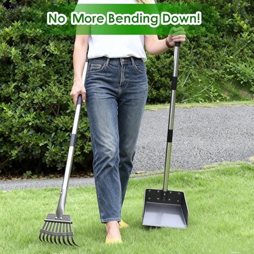 Pooper Scooper, Long Handle Pet Supplies with Stainless Metal Tray and Rake - color: Silver, size: Medium