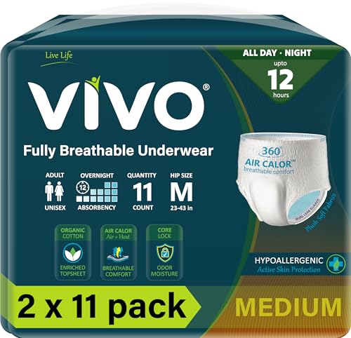 VIVO Organic Cotton Sensitive Skin Overnight Adult Incontinence Pullup Underwear, Women & Men, Medium 22 Count - size: Medium (22 ct), style: Pullup Underwear