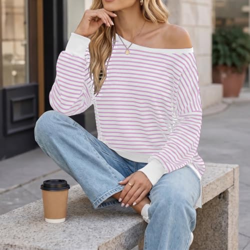 Fall Tops for Women 2026 off Shoulder Striped Top Long Sleeve Pullover Tops - color: Pink, size: Small