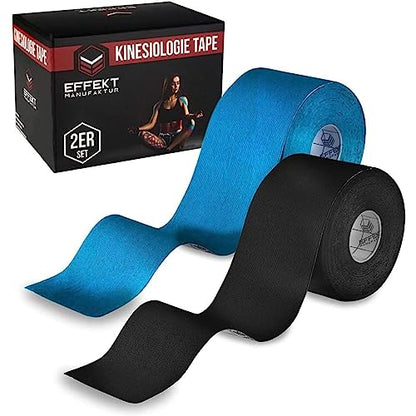 Effekt Manufaktur Kinesiology Tape Waterproof (16 ft x 2 in), 2 Rolls - Elastic Physio Tape for Muscle Support and Injury Recovery, Medical Tape, Kinetic Tape, Durable Kinesthetic Tape (Blue + Black) - color: Blue + Black
