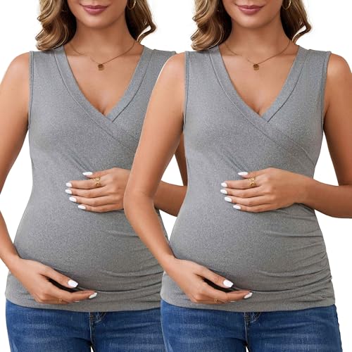 Womens 2-Pack Outfits Nursing Tank Wrap V-Neck Shirts Ruched Breastfeeding Sleeveless Maternity Tops - color: 2pack Gray, size: X-Large