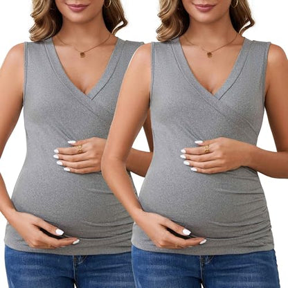 Womens 2-Pack Outfits Nursing Tank Wrap V-Neck Shirts Ruched Breastfeeding Sleeveless Maternity Tops - color: 2pack Gray, size: X-Large