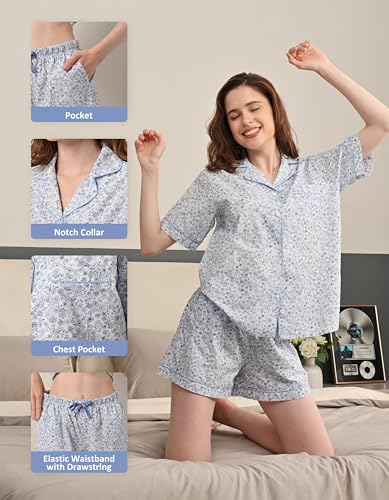 NAP BOUND 100% Cotton Pajamas Set for Women 2 Piece PJs Set - color: Blue Daisy Print, size: X-Small