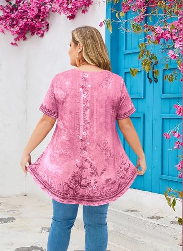 Womens Plus Size Tunic Tops Swing Summer Casual Flowy Blouses - color: Pink Floral Plus Size Tops, size: XX-Large