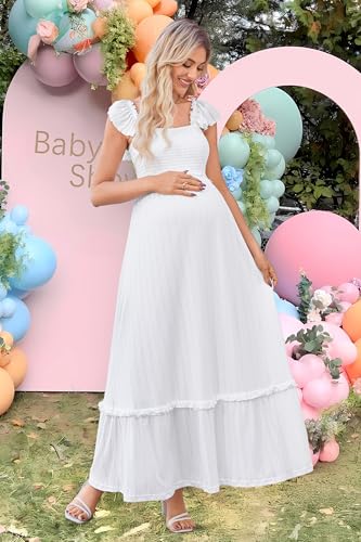 OUGES Women's Ruffle Sleeve Summer Baby Shower Maternity Photoshoot Dress - color: White, size: XX-Large