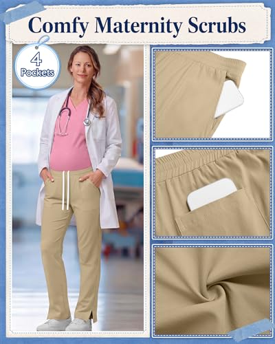 3 Pack Comfy Women's Maternity Scrub Pants - color: Khaki, Navy Blue, Black, size: Medium