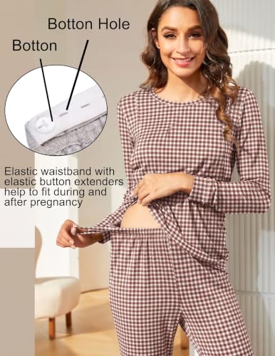 Ekouaer Nursing Pajamas Set Long Sleeve Maternity Clothes Thermal Underwear - color: Brown White Plaid, size: Small