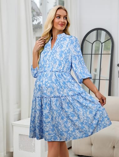 Angashion Women's Maternity Nursing Dress: V-Neck Hidden Zipper Pockets - color: Blue&white Floral, size: Medium