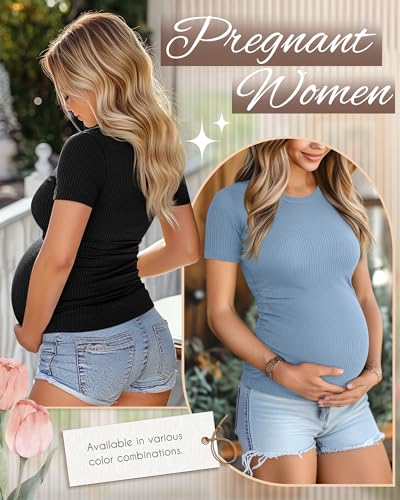 Ficerd 3 Pack Women's Short Sleeve Maternity Shirts - color: Black, Light Blue, Fuchsia, size: Medium