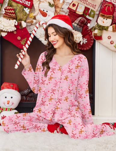 Ekouaer Womens Pajama Sets Button Up Long Sleeve Lounge Set Soft V Neck Pj - color: Chrismas Bow, size: XX-Large