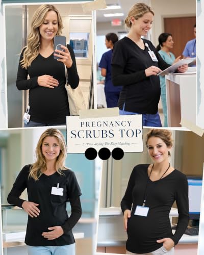 3 Pack Women Maternity Shirts Scrub Tops Side Ruched - color: Black, Black, Black, size: Small