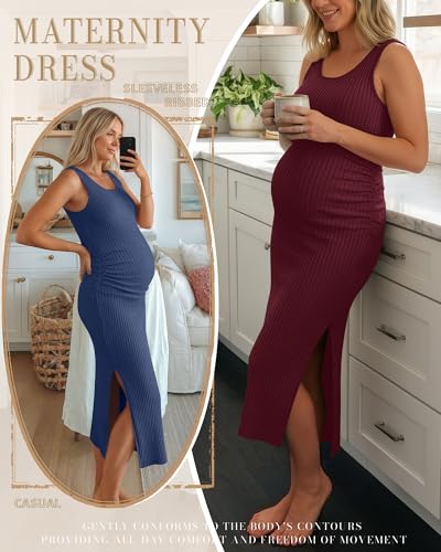2 Pack Womens Split Long Maternity Dress - color: Burgundy, Navy Blue, size: XX-Large