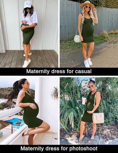 Peauty B Shape Side Ruch Maternity Tank Dress Bodycon Midi Dress - color: Army Green, size: Medium