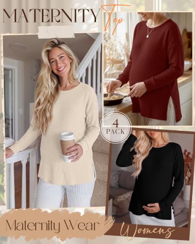 Xaatren 4 Pack Womens Maternity Long Sleeve Shirts Waffle Tops - color: Autumn Leaf Red, Cream, Brown, Black, size: Small