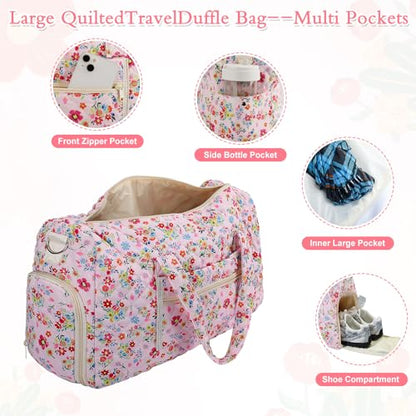 Pink Floral Quilted Weekender Duffel Bag Set with Shoe Compartment - color: Pink Print